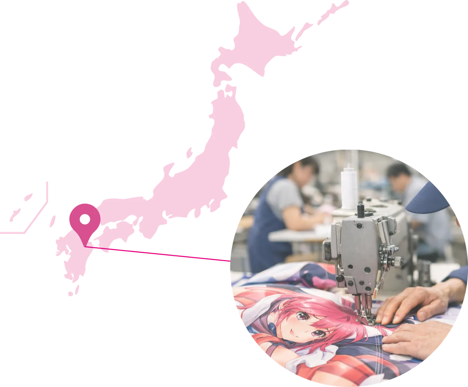 大分県の提携工場の位置を示す地図と、縫製の様子