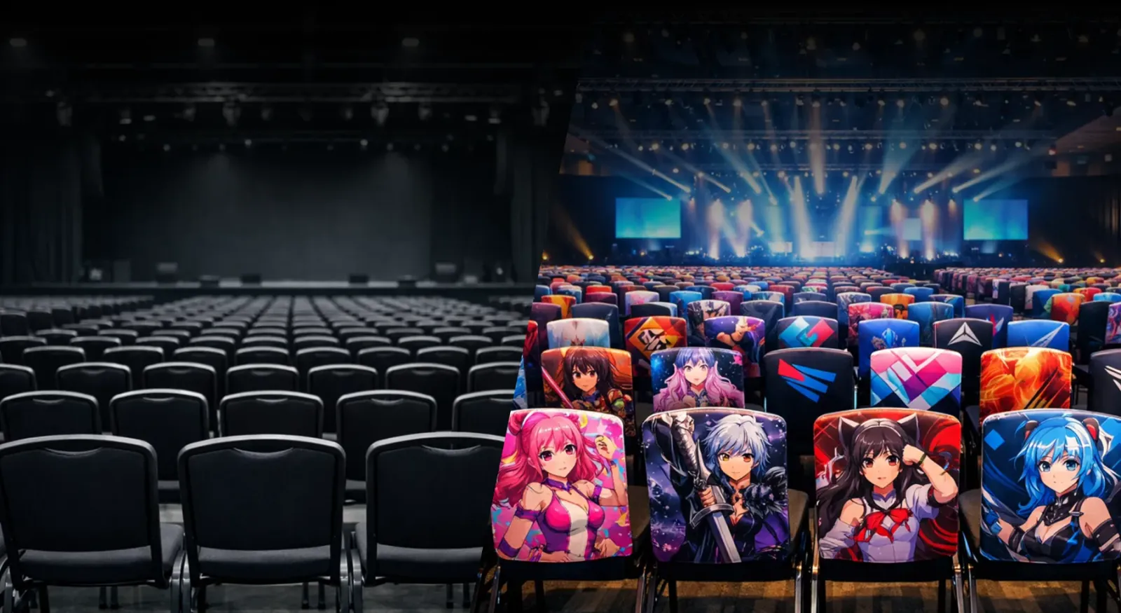 アニメキャラクターのチェアアートカバーが並ぶ、開演前のコンサートホールの客席